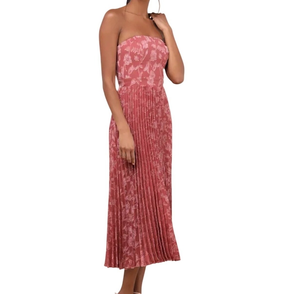 NWT Lulus Perfectly Stunning Rusty Rose Jacquard Strapless Midi Dress S Pleated - Picture 4 of 10